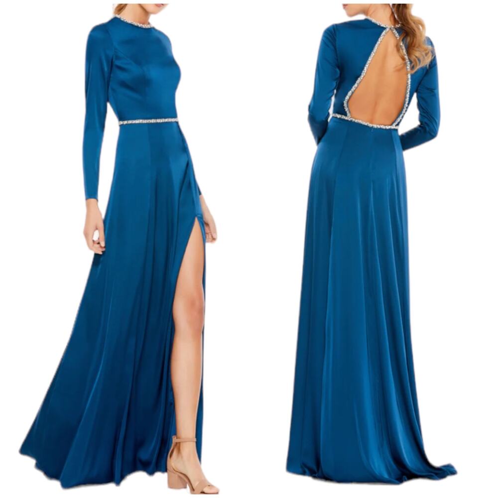 Mac Duggal Teal Blue Long Sleeve Satin Prom Dress with Open Back & Thigh Slit
